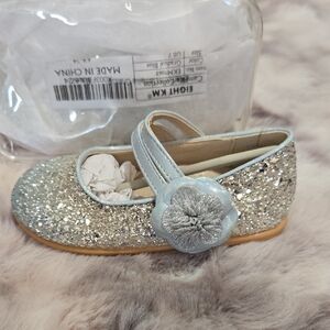 Glittery Silver Kids Dress Shoes with Flower Detail